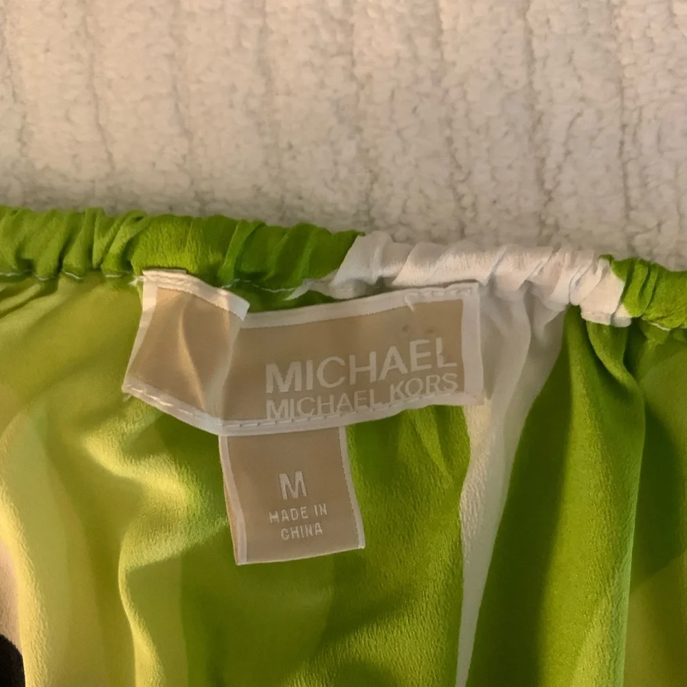 Michael Kors Womens Medium Green Abstract Peasant Top Smocked Waist Resort Boho